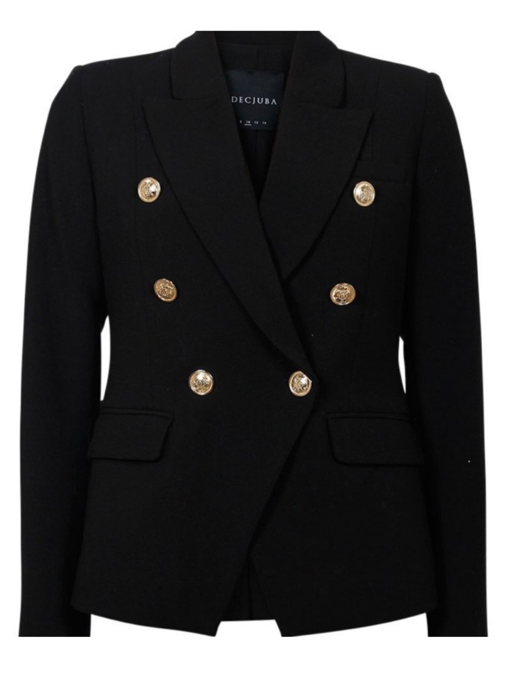 Decjuba Carly Double Breasted Blazer Black Structured Crest Buttons 10 / 6 US
